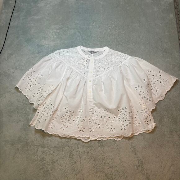 Madewell White Embroidered Shirred Henley Eyelet Top NWT Size S - Picture 6 of 9